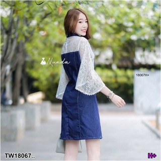 B18067 เดรสยีนส์ แขนแต่งลูกไม้ Denim dress with lace sleeves