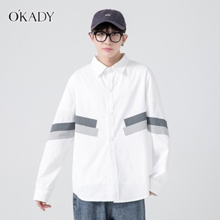 OKADY เสื้อเชิ้ตผู้ชายแฟชั่นเกาหลีปกเชิ้ตแขนยาวทรงหลวมลำลองชุดคู่รักอินเทรนด์แบรนด์ลำลองระดับไฮเอนด์ด้านบน
