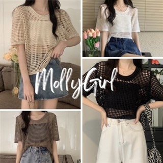 Mollygirl เสื้อไหมพรมลายฉลุเป็นงานถัก น่ารัก สดใส เสื้อแฟชั่นผญ 73178#