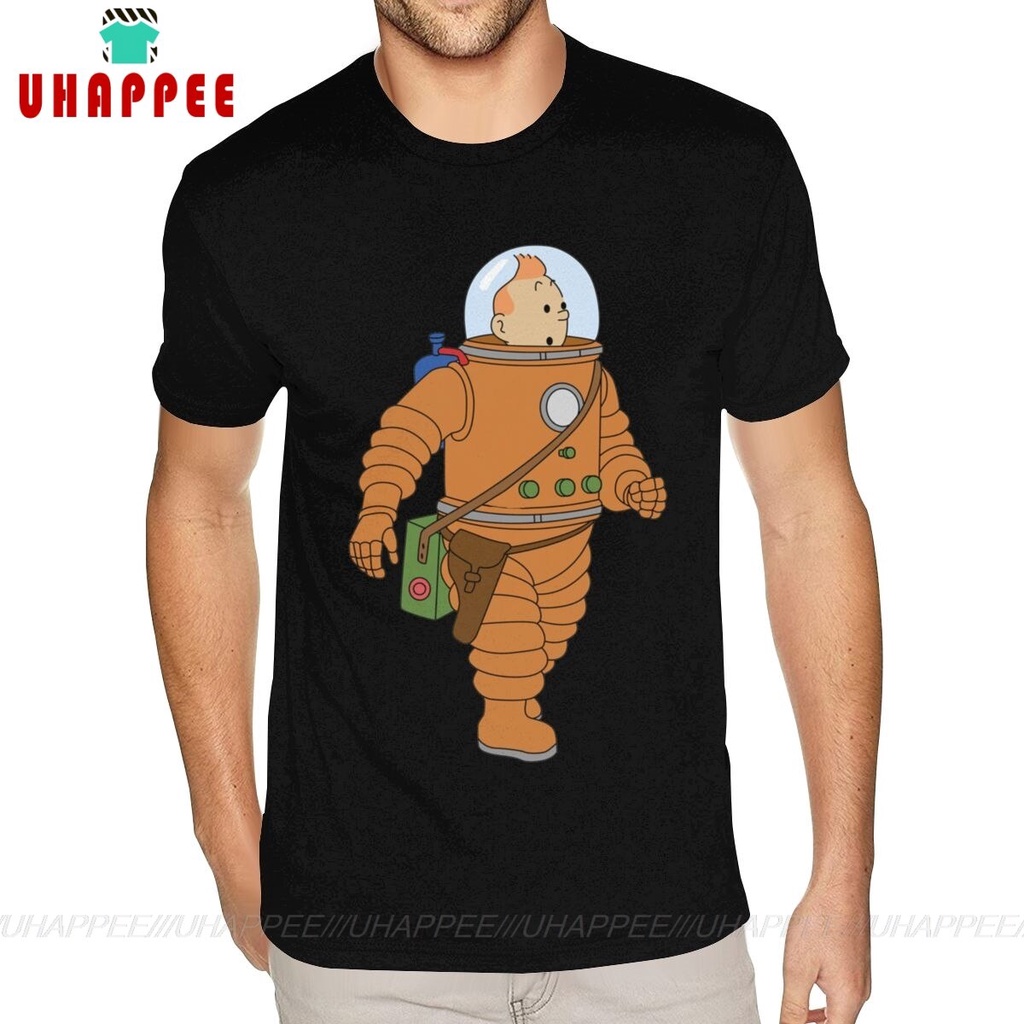 80S Tintin Cotton T-Shirt Cotton Male Black Tee Shirt