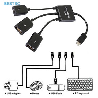 Best3c 3in1 อะแดปเตอร์แปลงสายเคเบิล Micro USB เป็น 2 OTG 3 พอร์ต Type-C สําหรับแท็บเล็ต แอนดรอยด์ เมาส์ คีย์บอร์ด