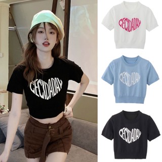 mimi&amp;didi crop topเสื้อยืดไหมพรม เสื้อครอปแขนสั้น ลายหัวใจ ทรงเกาหลีมาก น่ารัก 66050