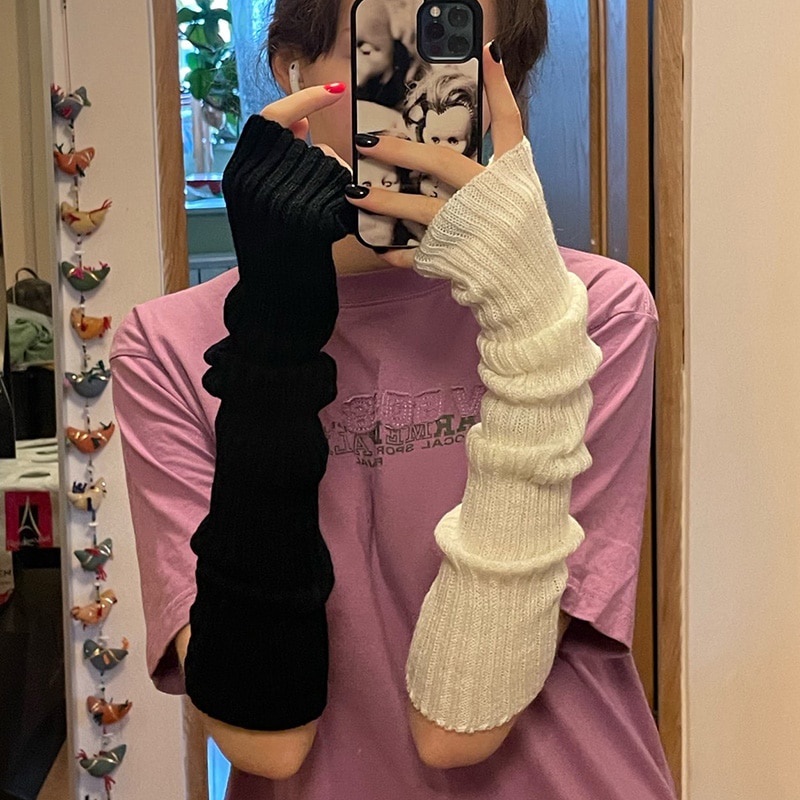 ถุงมือถักลําลอง สวมหุ้มข้อ แบบนุ่ม ไร้นิ้ว ให้ความอบอุ่น สไตล์พังก์ โกธิค แฟชั่นฤดูหนาว สําหรับเด็กผู้หญิง