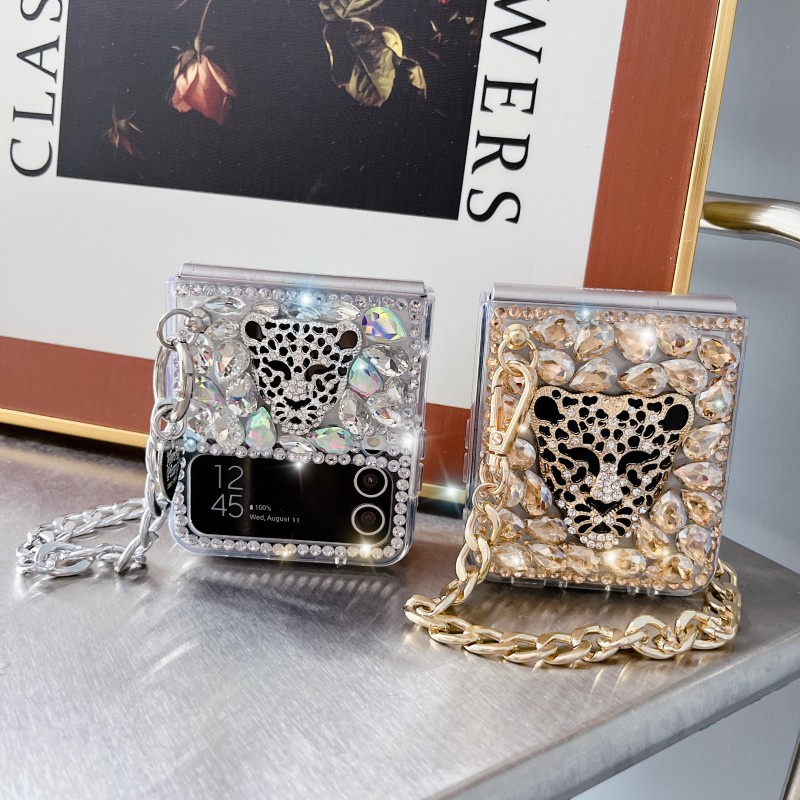 เคส Rhinestone Samsung ZFip 6 7 8 7FE เคสโทรศัพท์พลิก 5 4 3 พับเคสโทรศัพท์เสือดาวหัวเพชรเต็ม flip2 O