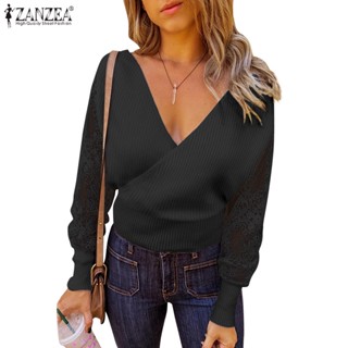 CELMIA ZANZEA Women Long Sleeve Wrap Knitted Lace Patchwork V Neck Casual Blouse