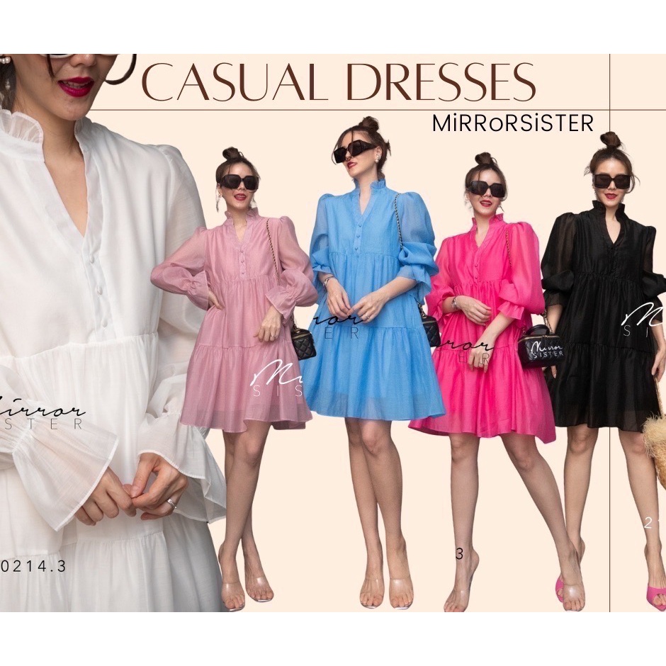 🔖Mirrorsister 20214.3 เดรสน่ารัก ทรงหลวมๆพองๆ แพทเทรินช่วงบนเป็นคอตั้งแต่งกุ๊น แต่งกระดุมถึงช่วงอก