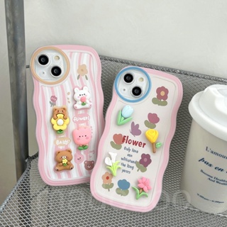 3D Doll Bear Rabbit Flowers Tulip Cartoon Casing For iPhone 15 14 13 12 11 Pro Xs max Mini 7 8 6 6S Plus X XR 14ProMax 13promax 12promax 11promax 6+6S+ 7+ 8+ Cute Waves Edge Line Fine Hole Airbag Shockproof Lens protection Soft Phone Case BW 15