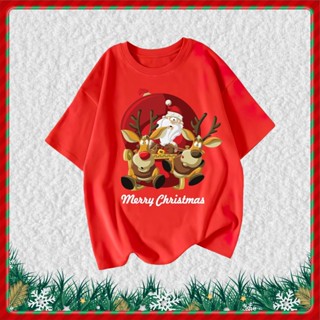 เสื้อยืดแขนสั้น Christmasพร้อมสต็อก ผ้าฝ้าย คริสต์มาสซานตาคลอสกวางการ์ตูนพิมพ์เด็กคอกลมแขนสั้นลำลองเด็กสีแดงเสื้อยืดเด็ก