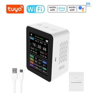 Tuya เครื่องตรวจจับคุณภาพอากาศอัจฉริยะ WiFi PM2.5 CO2 TVOC HCHO อุณหภูมิความชื้น 6 In 1 แสดงวันที่ สัปดาห์ โทรศัพท์มือถือ APP รีโมต ดูนาฬิกาปลุก 2 ชุด