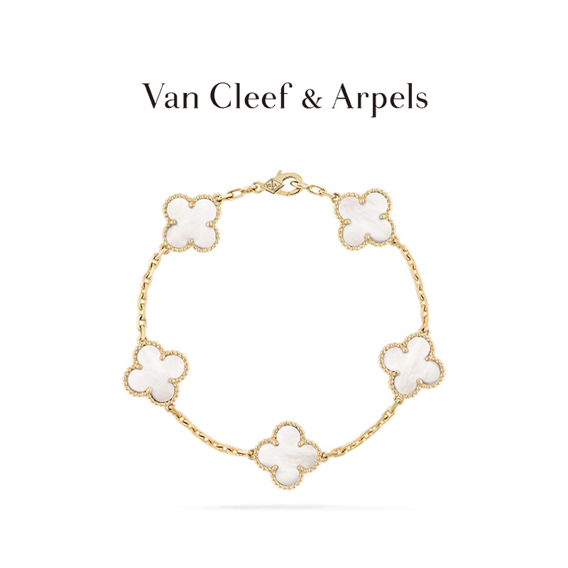 [พร้อมกล่อง] Vca Van Cleef &amp; Arpels Alhambra Four Leaf Lucky K Gold สร้อยข้อมือมุก สําหรับแม่ และเด็ก
