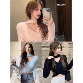 เสื้อไหมพรมแขนยาว คอวีแต่งป้าย โชคเกอร์คอ รุ่นขนนุ่มนิ่ม ใส่ได้2 ด้านนะคะ