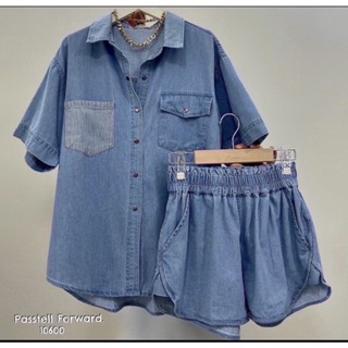 🇰🇷New🇰🇷  Korea pocket shirt denim with short pants 2pcs set มาใหม่เลยค้า กับชุดเซ็ทยีน กระเป๋าหน้า แต่งลายทาง