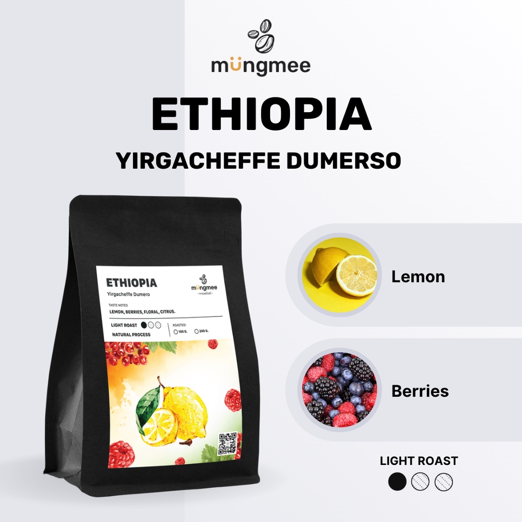 เมล็ดกาแฟคั่วอ่อน Mungmee Ethiopia Yirgacheffe Dumerso รสชาติผลไม้สดชื่น