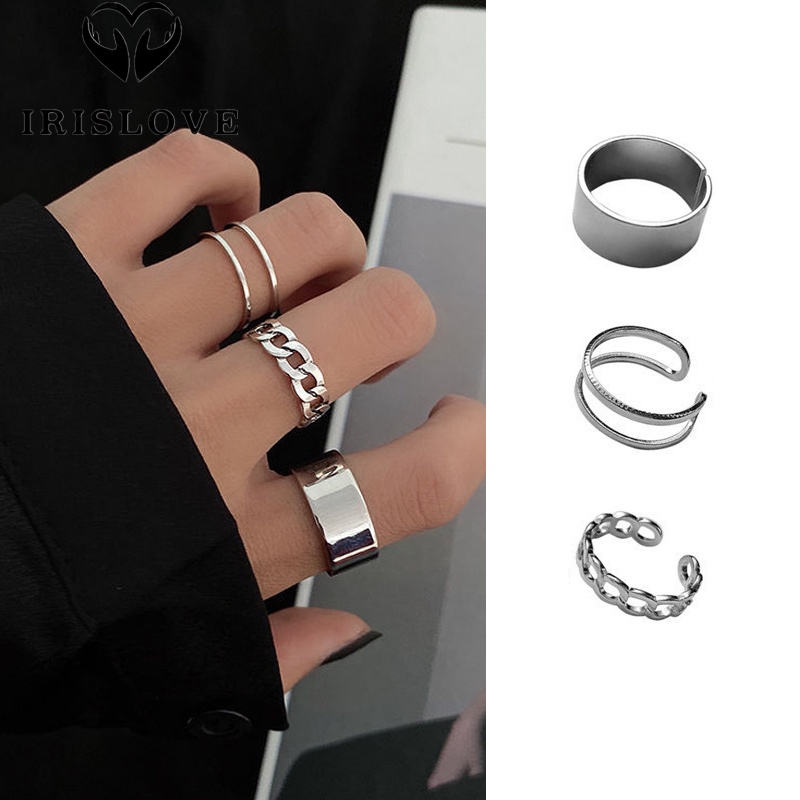 3 ชิ้น/เซ็ต Vintage Hip Hop Hollow เรขาคณิตเปิดแหวนชุดสําหรับผู้หญิงผู้ชายบุคลิกภาพ Simple Knuckle แหวน Cool Smooth Finger อุปกรณ์เสริม