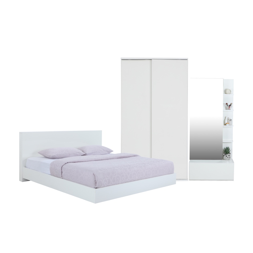 INDEX LIVING MALL ชุดห้องนอน รุ่นแมสซิโม่+แมกซี่ ขนาด 6 ฟุต (เตียงนอน(พื้นเตียงซี่)+ตู้บานสไลด์ไม้ 120 ซม.+โต๊ะเครื่องแป้ง) - สีขาว