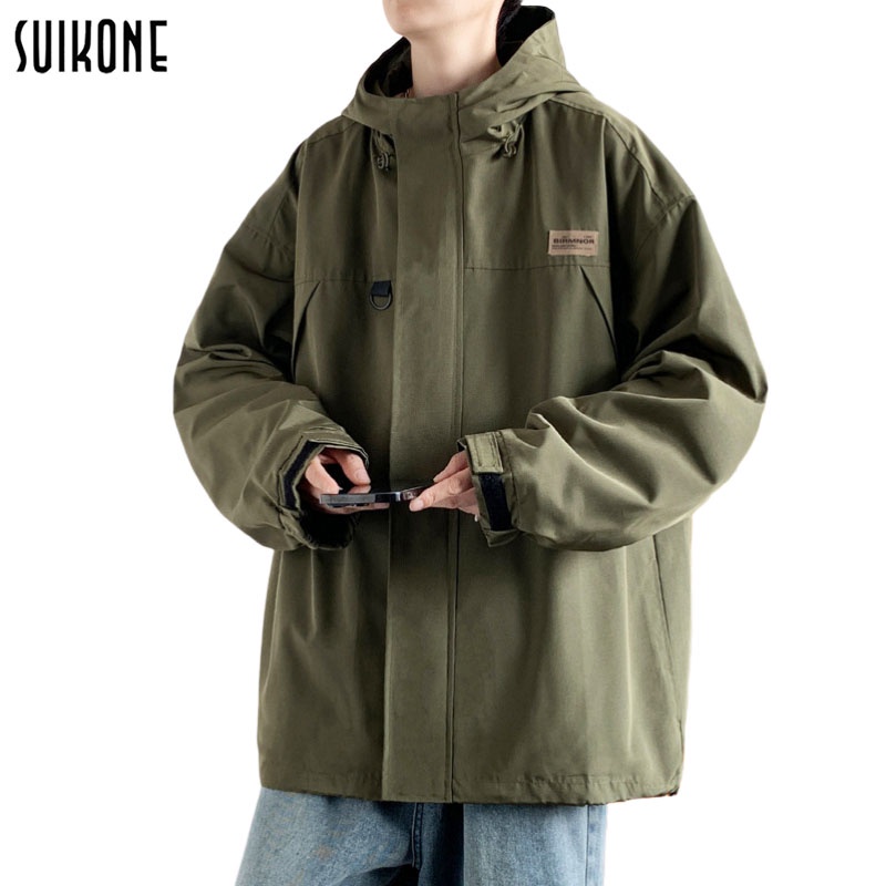 Suikone เสื้อแจ็คเก็ตผู้ชายแฟชั่นสีทึบกันน้ำกันลมมีฮู้ดอินเทรนด์แบรนด์หลวมสบาย ๆ เวอร์ชั่นเกาหลีของเสื้อแจ็คเก็ตอิน