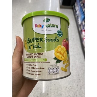 Super Food Stick Organic Ancient Grains Stick With Mongo , Peach And Broccoli ( Baby Natura Brand ) 42 G. ขนมธัญพืชอบกรอบ ออร์แกนิค แบบแท่ง รสมะม่วง พีช และ บร็อคโคลี่