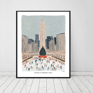 โปสเตอร์ผ้าใบ พิมพ์ลายคริสต์มาส ที่ Rockefeller Center Skate Art New York Skyline สําหรับตกแต่งผนังบ้าน ห้องนั่งเล่น