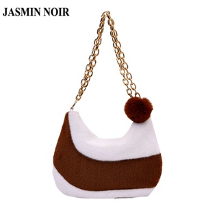 Jasmin NOIR กระเป๋าสะพายไหล่ กระเป๋าถือ สะพายข้าง ขนเฟอร์ แต่งสายโซ่คล้อง ลายดวงจันทร์ สําหรับผู้หญิง