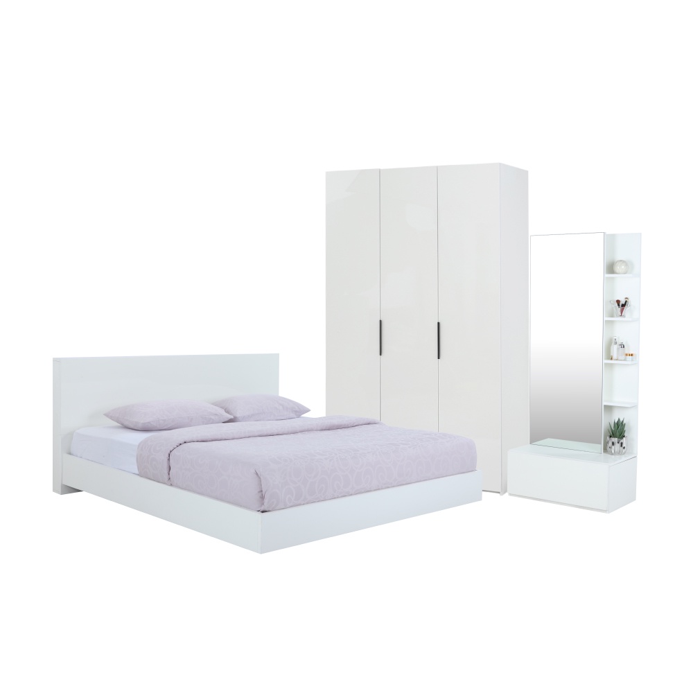 INDEX LIVING MALL ชุดห้องนอน รุ่นแมสซิโม่+แมกซี่ ขนาด 5 ฟุต (เตียงนอน(พื้นเตียงทึบ)+ตู้เสื้อผ้า 3 บาน+โต๊ะเครื่องแป้ง) - สีขาว