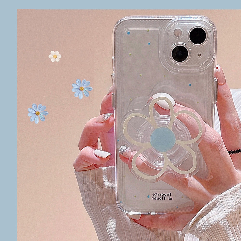 เคสโทรศัพท์มือถือแบบนิ่ม TPU ใส กันกระแทก กันฝุ่น ลายดอกไม้ พร้อมที่ตั้งวาง สไตล์เกาหลี สําหรับ IPhone 11 12 13 14 Pro Max 14 Plus