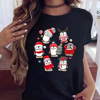 Christmas Penguin T Shirt เสื้อยืดคอกลมสีดำพิมพ์ลายการ์ตูนนกเพนกวินนกฮูก