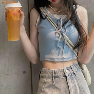 79HOUSE Summer Korean version Overlapping fake two suspenders outer blouse Womens design short vest with sleeveless t-shirt inside