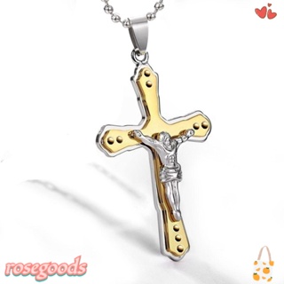 ROSE Cross Pendant Necklace Men Women Gold Color Retro Christian Jewelry