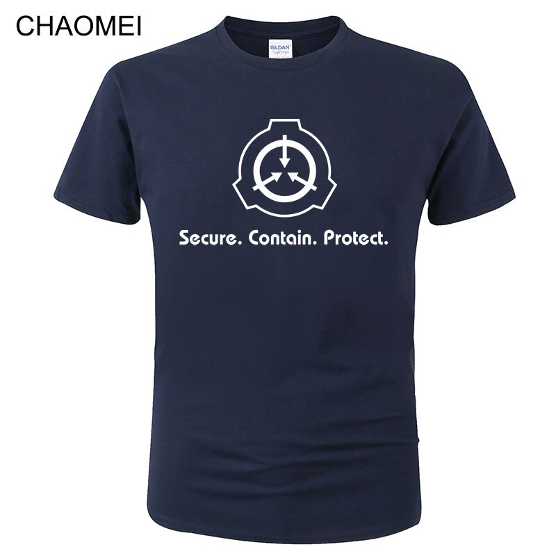 ผู้ชาย เสื้อยืด SCP Foundation Secure บรรจุปกป้องพัดลม SCP Wiki โลโก้แรงบันดาลใจเสื้อยืดผ้าฝ้ายเสื้อ