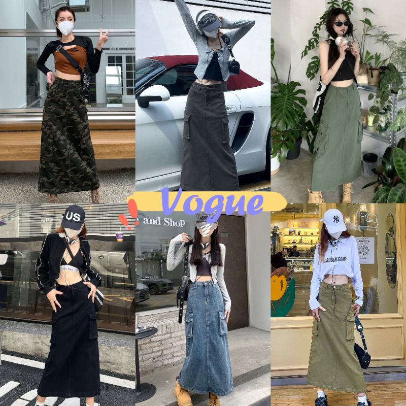 Vogue พร้อมส่ง กระโปรงยีนส์เอวสูง ทรงยาว วินเทจ ใส่แล้วเท่ใส่สบายมาก (822) -NZ