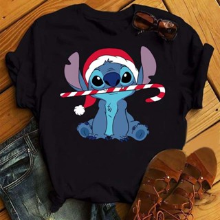 ใหม่ Lilo Stitch คริสต์มาสหมวกแฟชั่นพิมพ์เสื้อยืดผู้หญิง Kawaii Tops ตลกการ์ตูนเสื้อยืด Stitch เสื้อคริสต์มาสของขวัญ