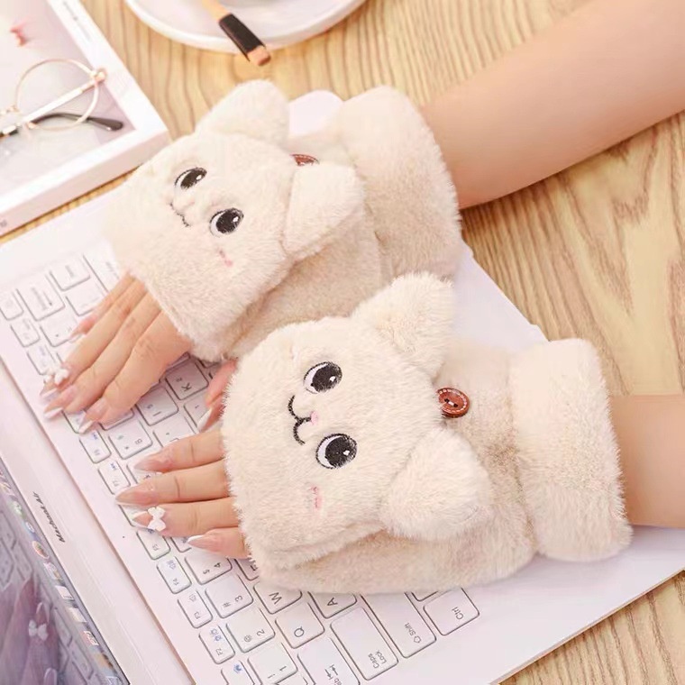 ถุงมือขับรถ แบบครึ่งนิ้ว ผ้ากํามะหยี่ขนนิ่ม แบบหนา ให้ความอบอุ่น แต่งขนกระต่ายน่ารัก แฟชั่นฤดูหนาว สําหรับผู้หญิง