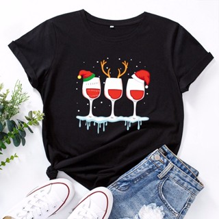 T-Christmas Hat Glass Wine Women T Shirt Cotton Short Sleeve Graphic Tee Tops Casual Tshirt