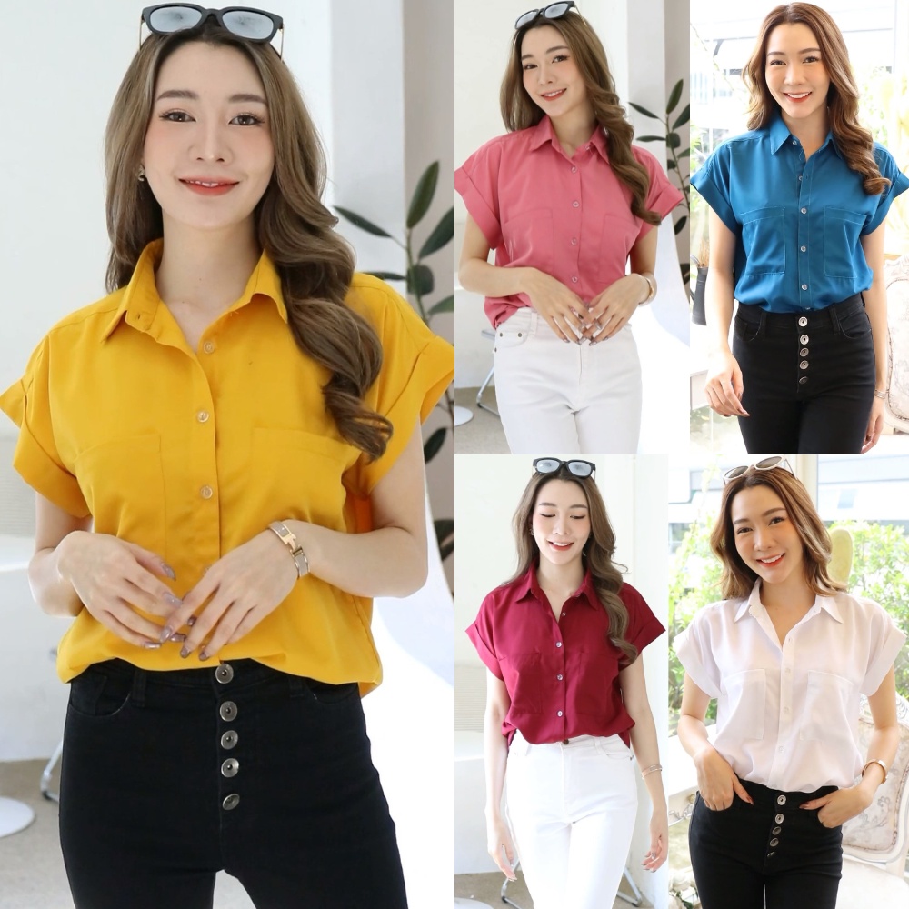 เสื้อคอปกมีกระดุม❣️เรียกว่าเสื้อเชิ้ตแขนสั้นของคุณผู้หญิงก็ได้ สีพื้นสวยใส่สบายมากของดีๆต้องมีแล้วนะ