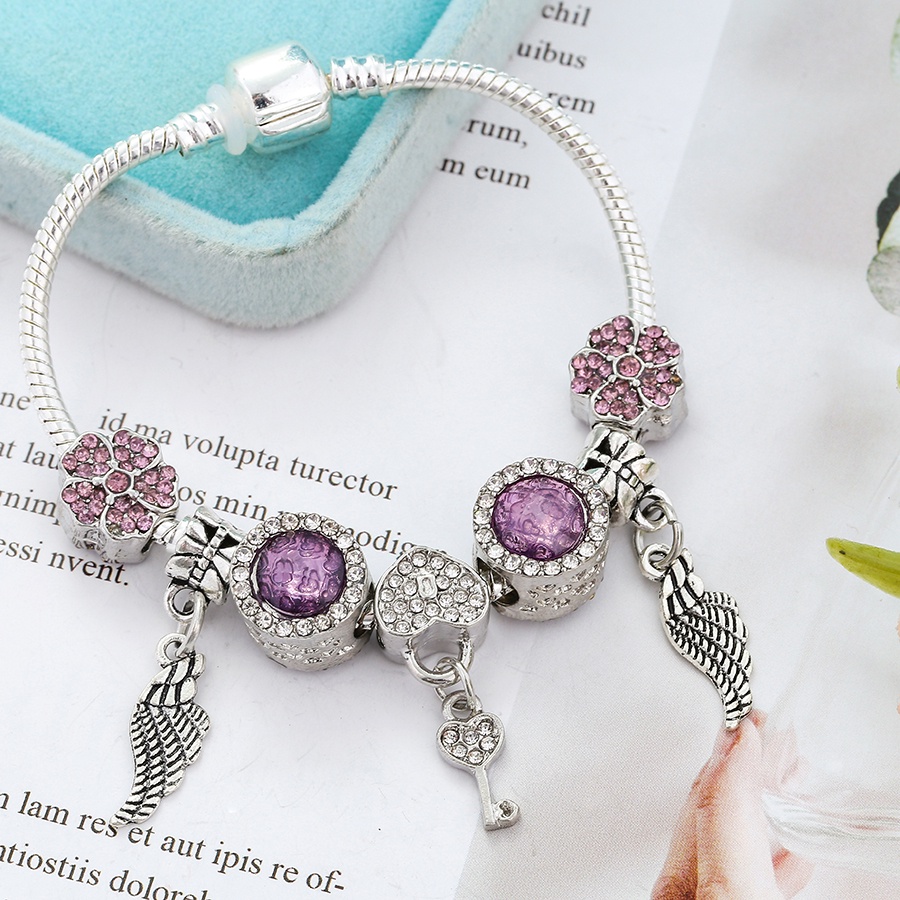 Dinglly สร้อยข้อมือลูกปัด รูปหัวใจ ดอกไม้สีชมพู ผีเสื้อ สําหรับผู้หญิง DIY สีเงิน สร้อยข้อมือลูกปัด