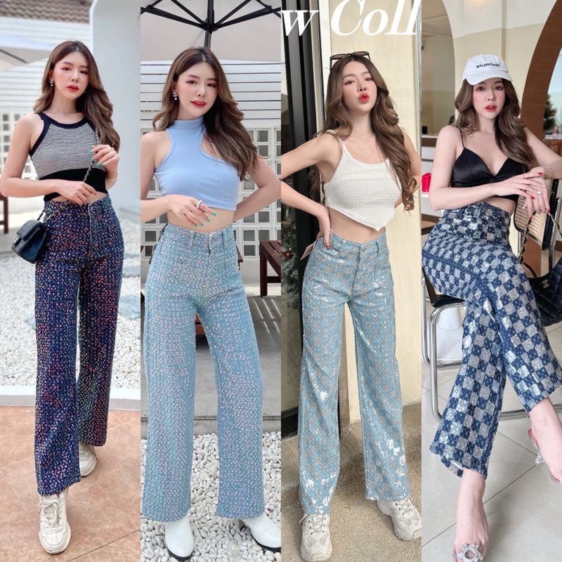 กางเกงยีนส์ขายาวทรงกระบอก ปักเลื่อมๆทั้งตัว มีซับด้านในทั้งตัว ขึ้นกล้องสุดๆ S-6XL