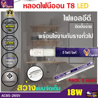 (แพ็ค 5 ชุด) หลอดไฟนีออน LED T8 18W หลอดไฟ LED หลอดประหยัดไฟ T8 18 วัตต์ สว่างเต็ม 2200 แสงสีขาว DAYLIGHT