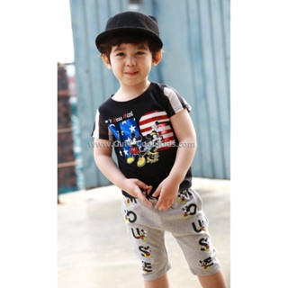 STPB-703 ชุดเซ็ทเด็กผู้ชายแขนสั้นขาสั้น สีดำเทา Mic Size-90 (1-2Y)