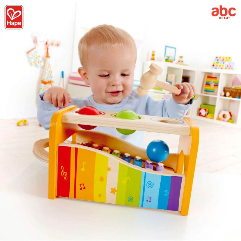 Hape - Toddler Music เครื่องตีจังหวะดนตรี Pound and Tap Bench (12M+) Xylophone ค้อนตีลูกบอล - E0305