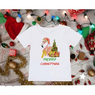 🎅 Merry Christmas Flamingo ของขวัญกราฟิกพิมพ์เสื้อยืดหญิง/ชาย Kawaii เด็กเสื้อผ้าฤดูร้อนแฟชั่น TShirt Harajuku เสื้อ