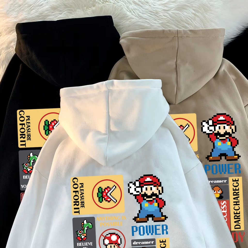 ผู้ชายขนาดใหญ่เสื้อกันหนาวหมวกหลวมสบายๆมาริโอการ์ตูนพิมพ์แฟชั่นแฟชั่นเกาหลีถนนเสื้อคลุมด้วยผ้า