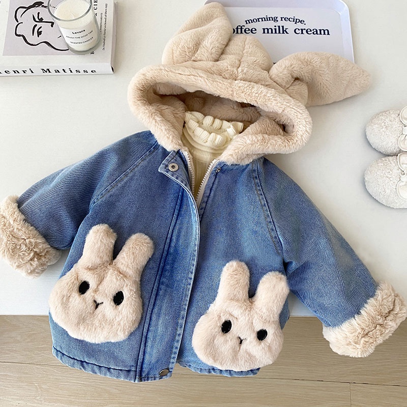 เสื้อแจ็คเก็ตเด็กผู้หญิง Winter Fleece เสื้อแจ็คเก็ตยีนส์กันหนาวมีฮู้ดฤดูหนาวกระต่ายน่ารัก Cold-Proo