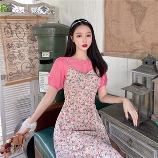 shop24📱สต็อกไทย มินิเดรสสายเดี่ยว สไตล์เกาหลี สีชมพูลายดอกไม้ ผ้าไม่ยืด (ไม่มีเสื้อด้านใน)