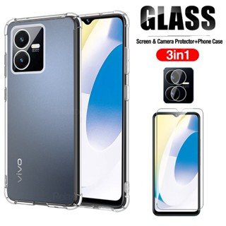 3in1 เคสกระจกนิรภัยใส กันตก ป้องกันเลนส์กล้อง สําหรับ Vivo Y22 Y22s Y16 Y35 V25 5g V25E 4g VivoY22