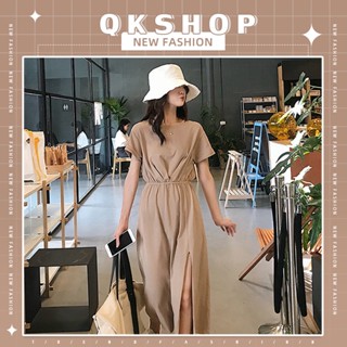 QKshop พร้อมส่ง!!ชุดเดรสยาวผ่าข้าง เดรสยาวเสื้อยืดแฟชั่นสไตล์เกาหลี✨ ชุดเดรสผู้หญิงทรงปล่อย ต๊าชมาก🌟