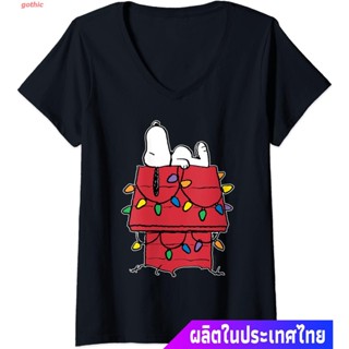 gothic เสื้อยืดผู้ชายและผู้หญิง Womens Peanuts Snoopy Christmas Lights V-Neck T-Shirt Sports T-shirt 471