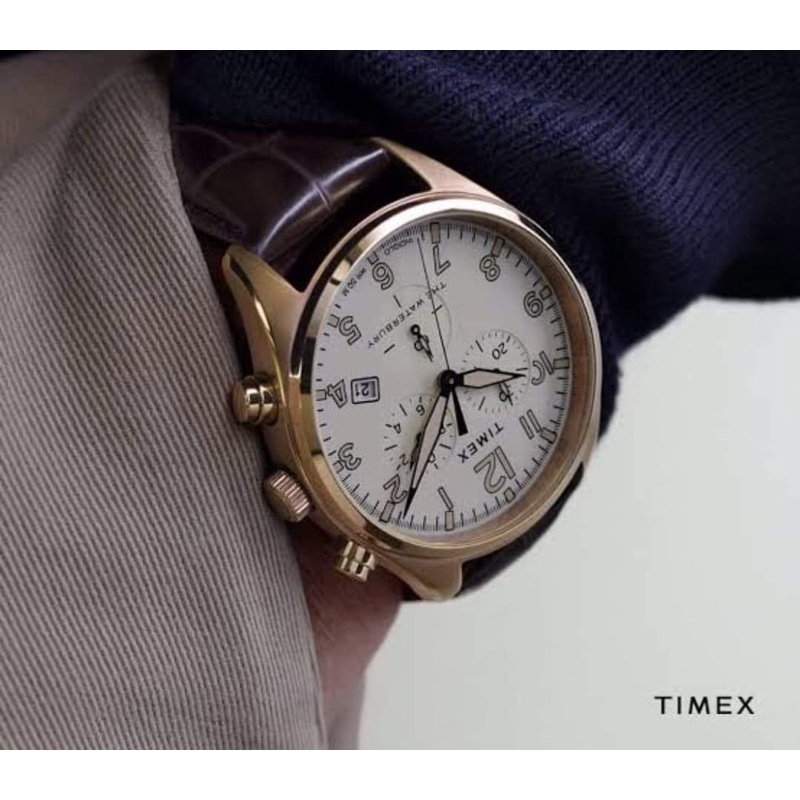 Timex Men's Watch Waterbury Quartz Chrono Tan Dial Brown Leather Strap TW2R88300