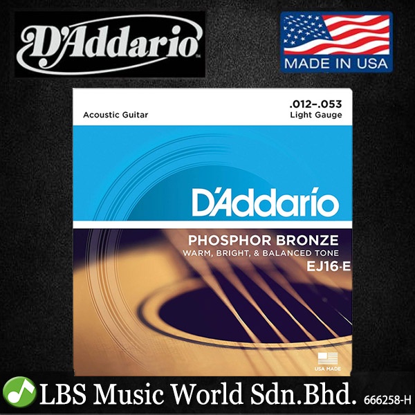 D'ADDARIO Daddario EJ16 Phosphor Bronze, Light, สายกีตาร์โปร่ง 12-53 (EJ 16 EJ16E)