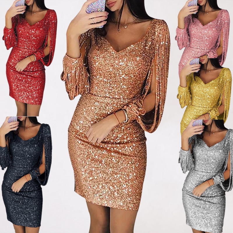 Glitter dress 2025 New glamour christmas ชุดเดรสผู้หญิงเลื่อมแวววาวระยิบระยับคอวีลึกสีทองสีแดงแขนยาวสั้นมินิงานราตรีห่อสะโพกปาร์ตี้ชุด Vestidos