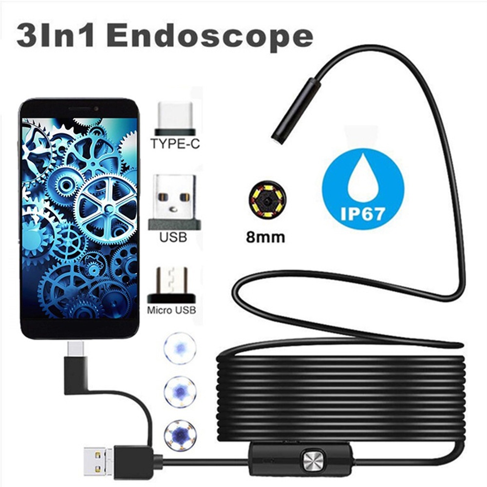Endoskop Endoscope 3in1 TYPE-C/Microusb/USB 8 มม.ท่อกล้องสําหรับรถยนต์ IP67 กล้องกันน้ําสําหรับโทรศัพท์/PC